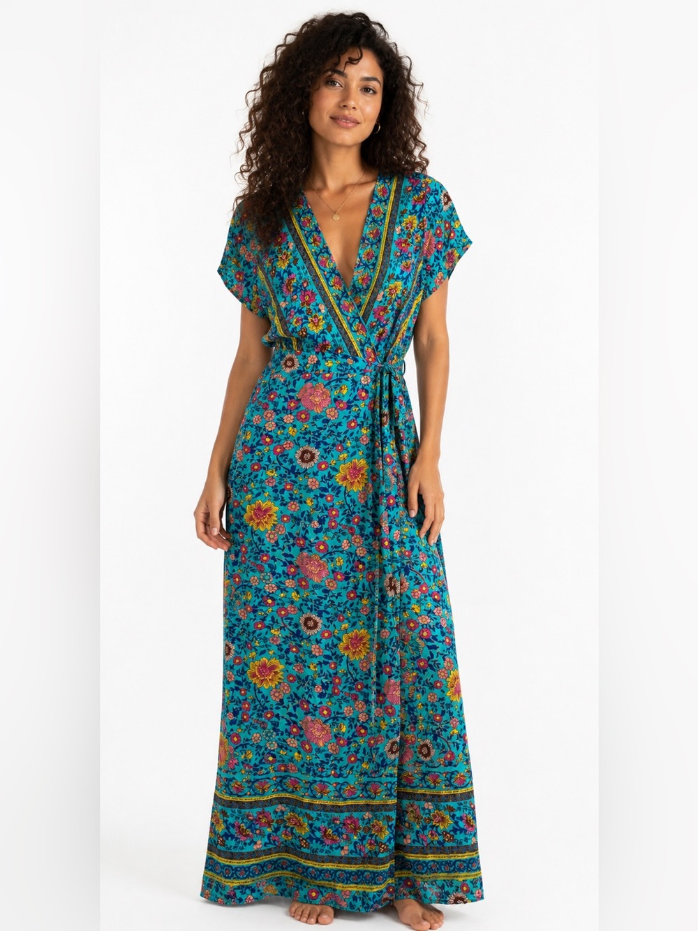 PRETTYGARDEN Blue Floral Wrap Short Sleeve Maxi Dress Size Large